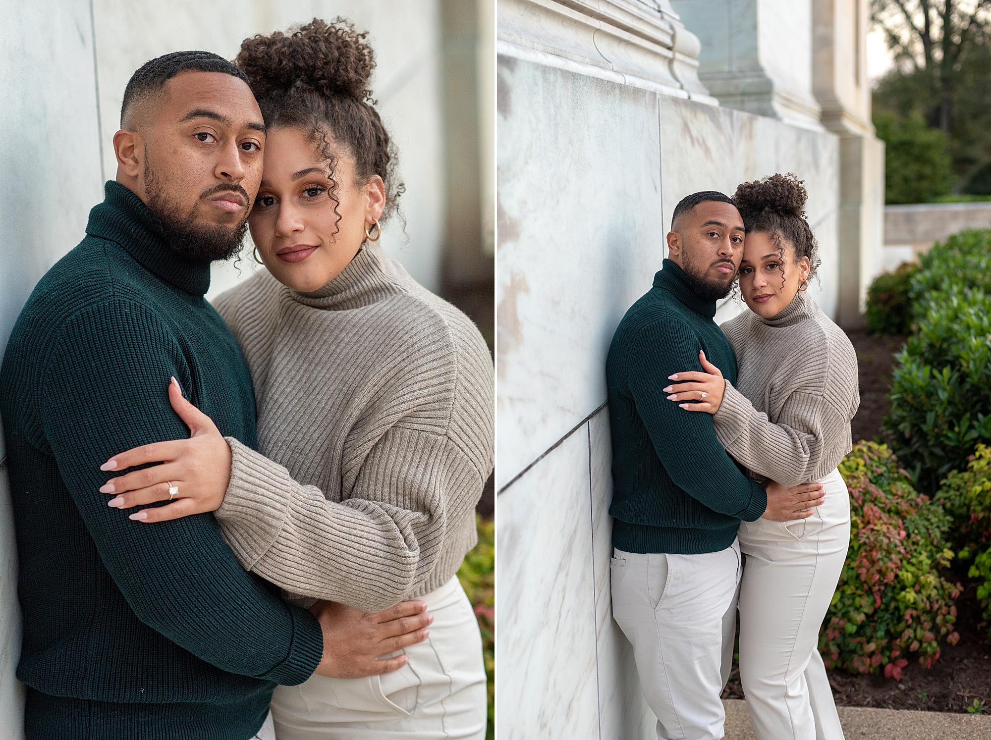 couple hugs by pillar in Washington DC during engagement photos