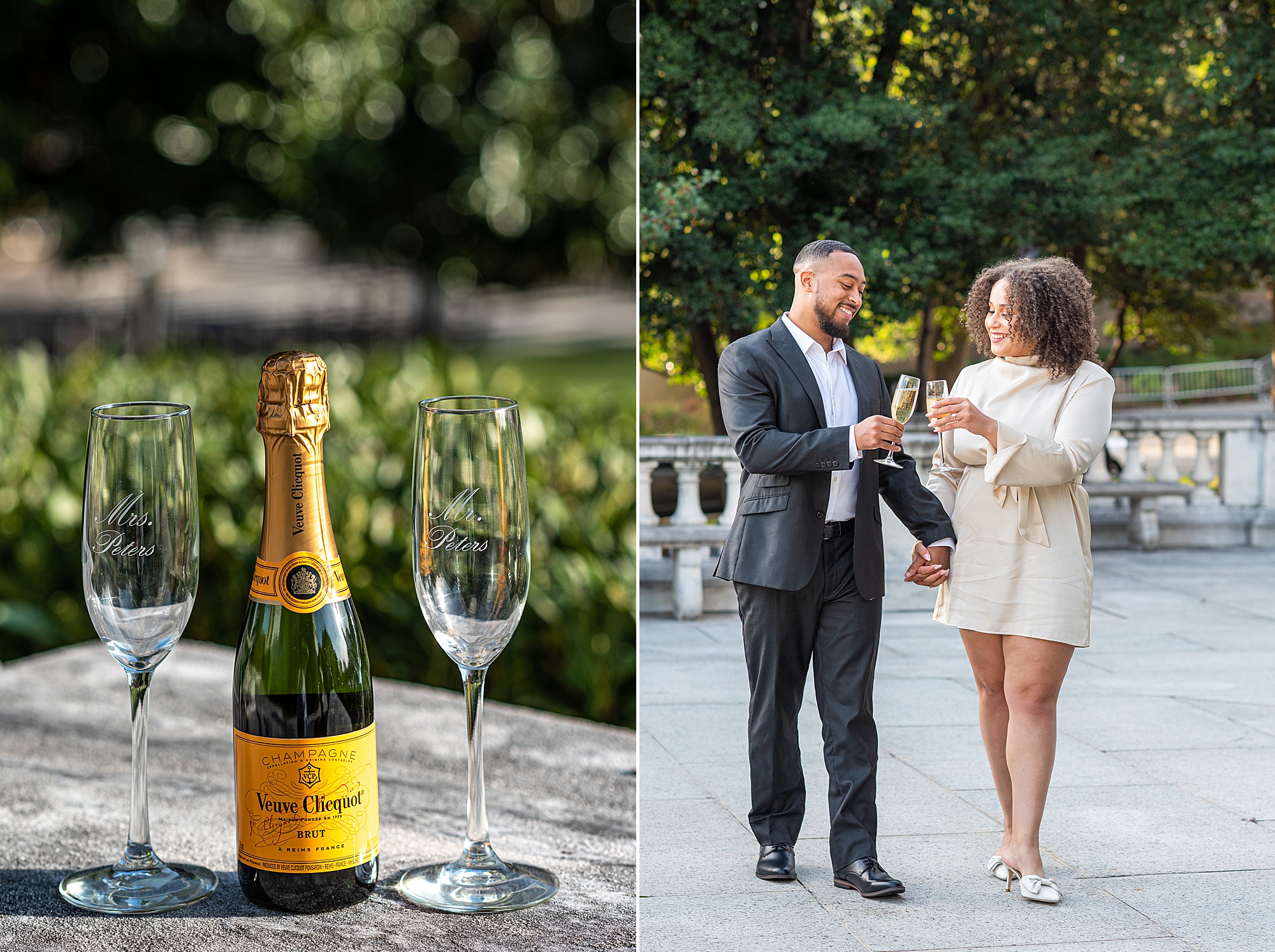 copule toasts champagne during American Pharmacist Association engagement session