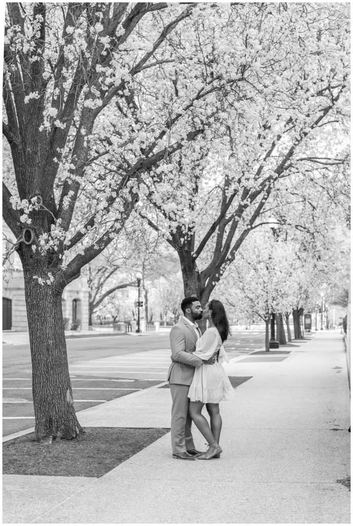 couple kissing on the sidewalk among cherry trees