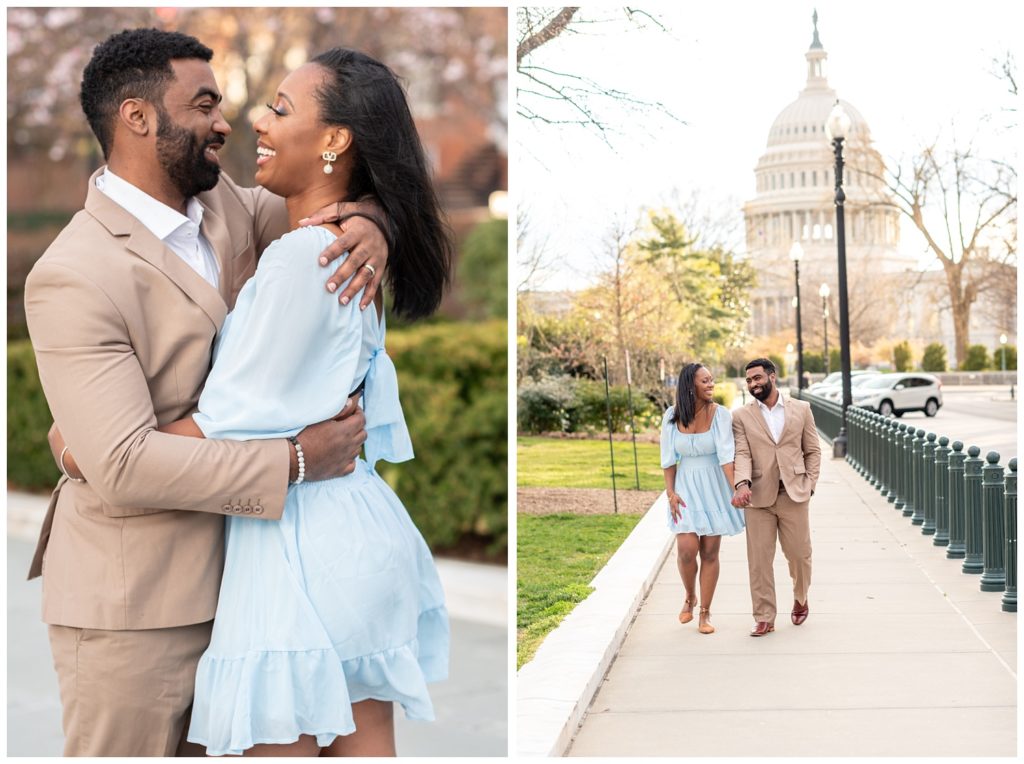 couple walking together in front of the Capitol building in D.C.