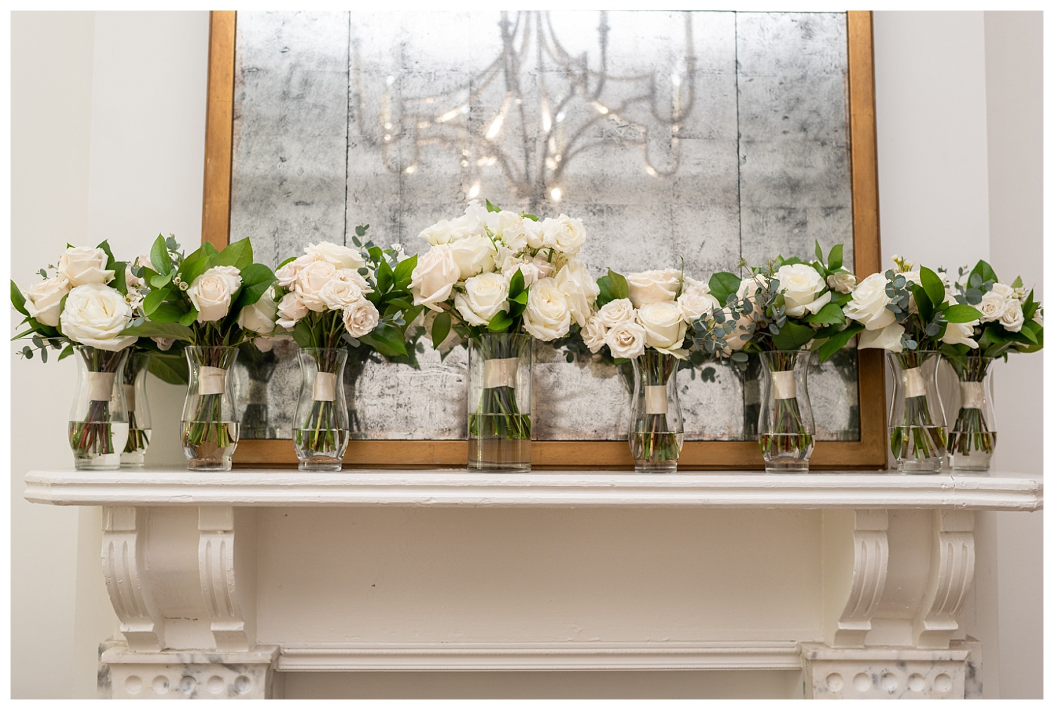 the bride and bridesmaid's bouquets sitting on a mantle in Georgetown