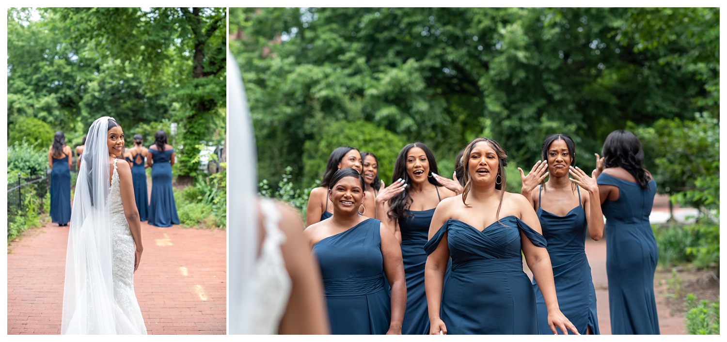 bride's first look with her bridesmaids at the Kennedy Center