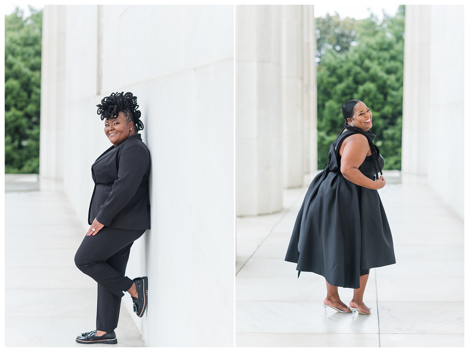 couple posing separately at Lincoln Memorial engagement session