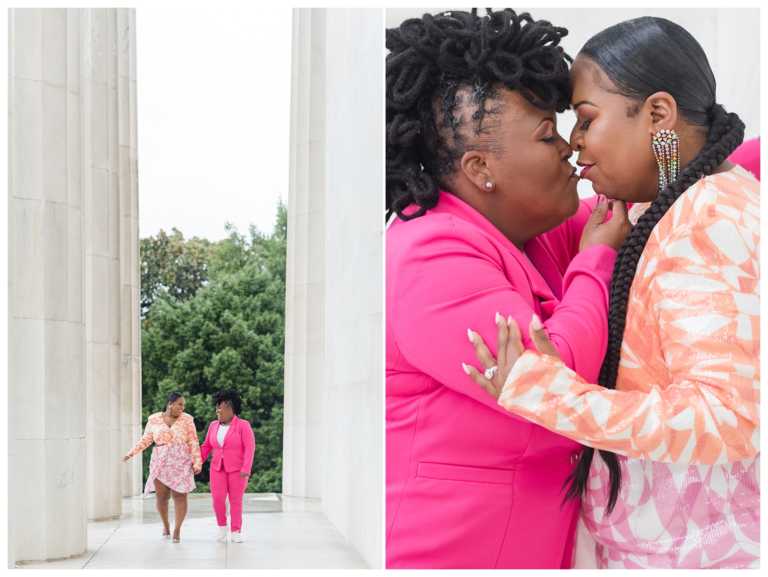 couple walking under columns at engagement session