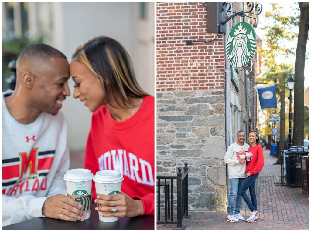 couple drinking coffee outside at VA Starbucks engagement session