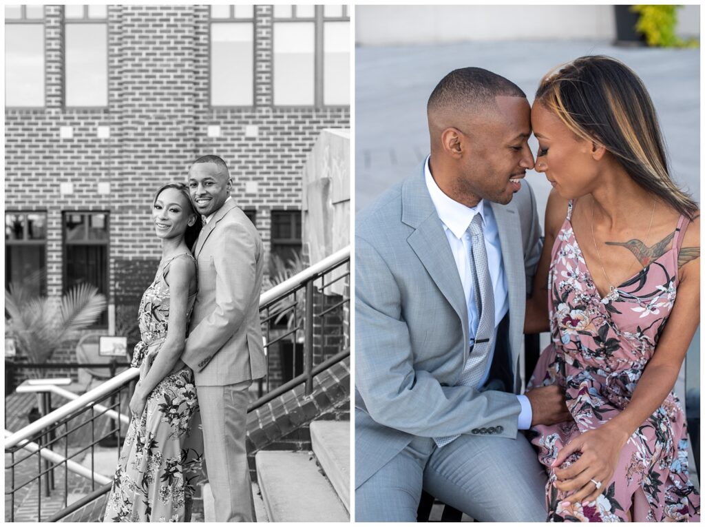 couple touching foreheads at Old Town Alexandria engagement session