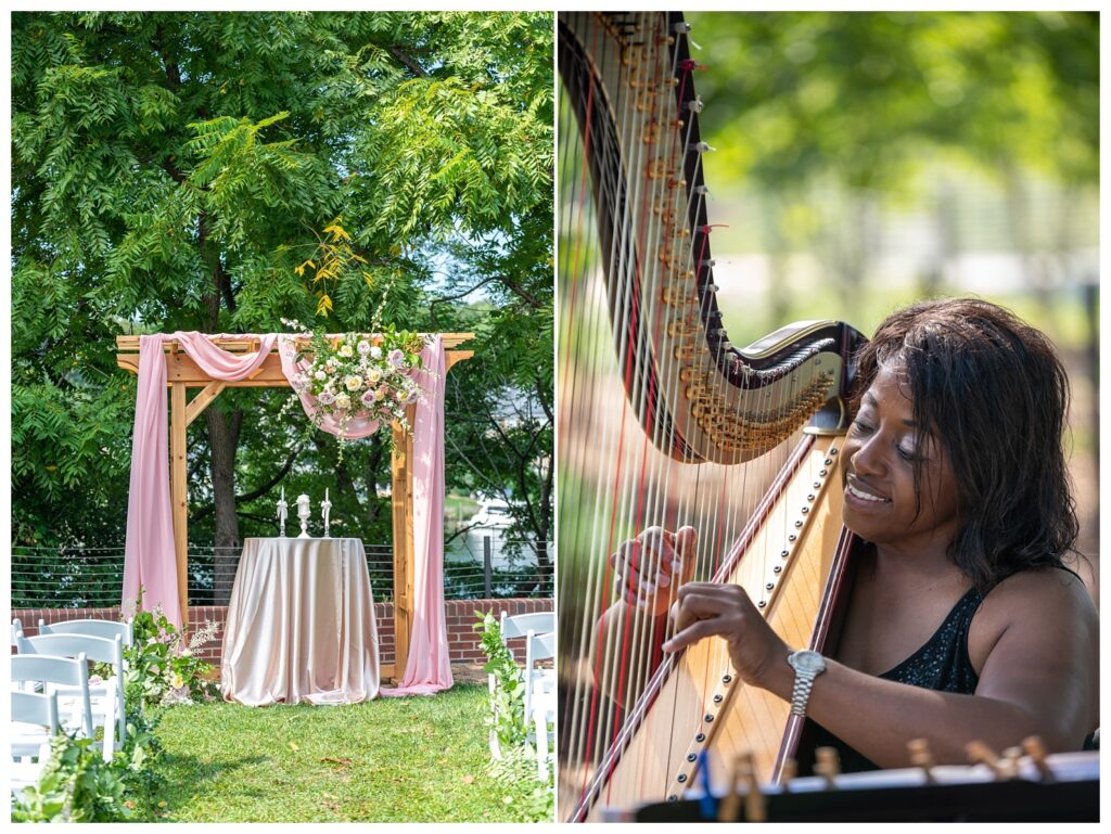harpist playing at brunch wedding at The River View at Occoquan