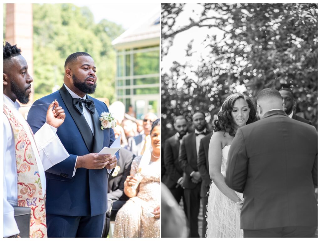 groom reading vows at brunch wedding in Virginia