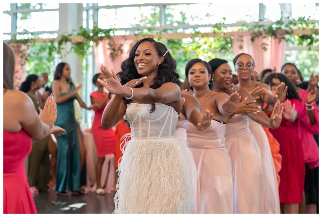 sorority dance with bride and guests at brunch wedding 