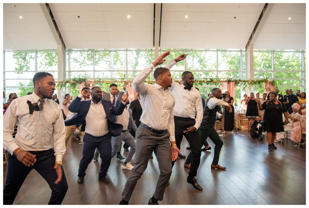groom and his friends dancing at Virginia wedding venue