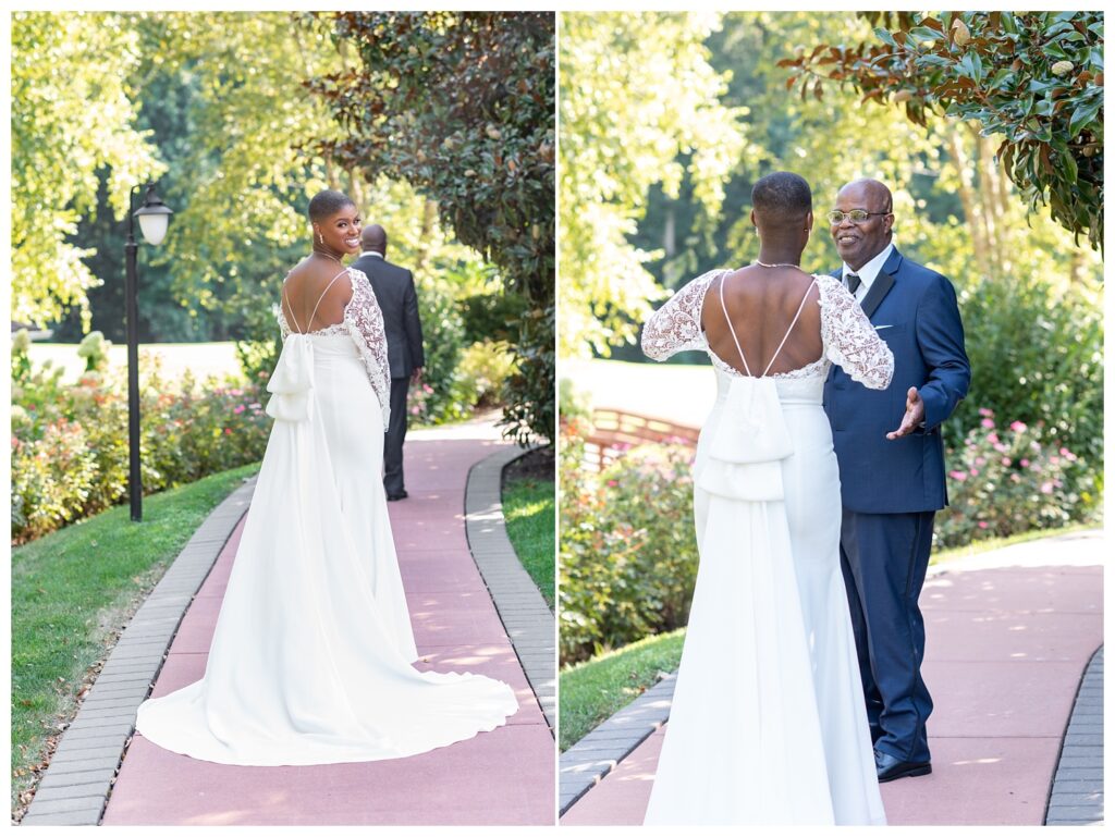 first look with bride and her dad at Maryland wedding venue