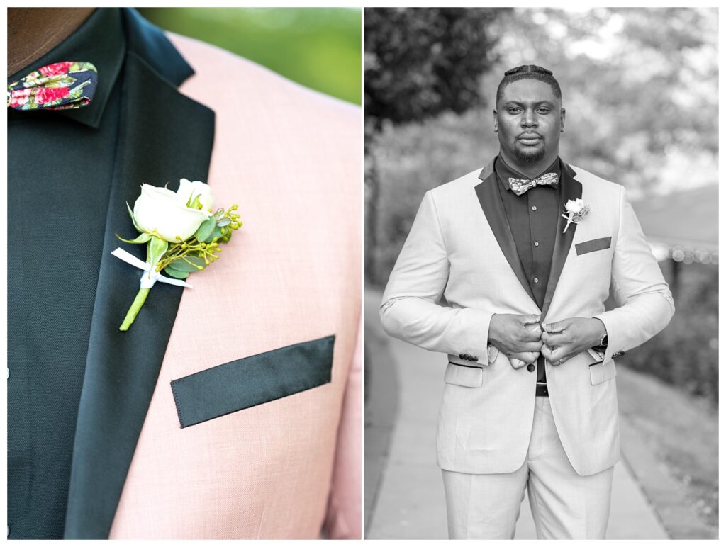 groom wearing a pink and black tuxedo at Maryland wedding