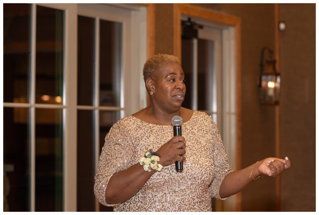 mother of the groom giving a speech at Maryland wedding reception